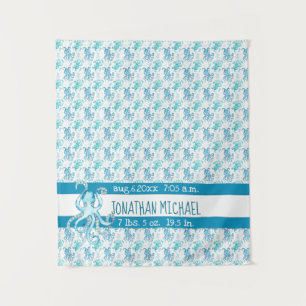 Blue & Aquamarin Octopus Baby's Name Birth Stats Wandteppich