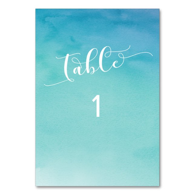Blue & Aquamarin Ombre Watercolor Sans Serif Tischnummer (Vorderseite)