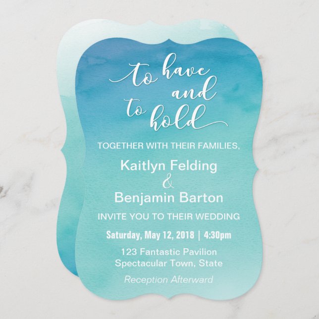 Blue & Aquamarin Ombre Watercolor Wedding Einladun Einladung (Vorne/Hinten)