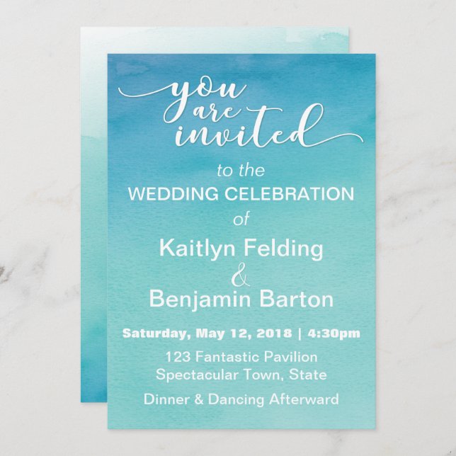 Blue & Aquamarin Ombre Watercolor Wedding Invitati Einladung (Vorne/Hinten)