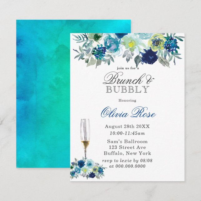 Blue Aquamarin Peony Brunch & Bubbly Einladungen (Vorne/Hinten)