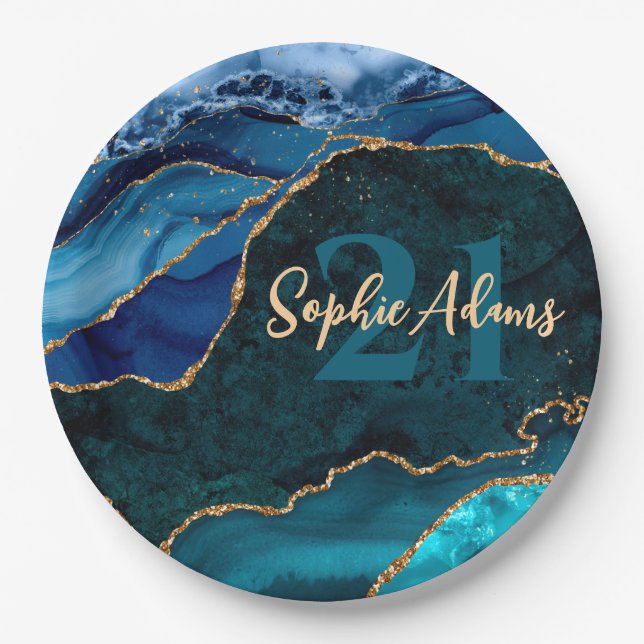 Blue, Aquamarin und Gold Glitzer Peacock Agate Bir Pappteller (Vorderseite)