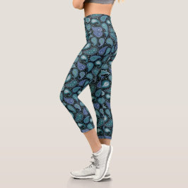 Blue Aquamarin Vintag Paisley Capri Leggings