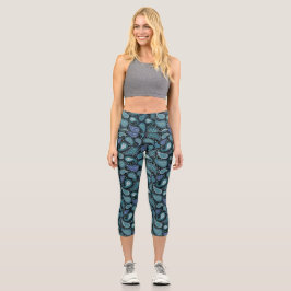 Blue Aquamarin Vintag Paisley Capri Leggings