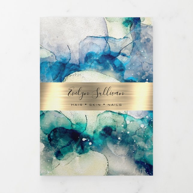 Blue Aquamarin Watercolor Goldmedaille Trifold Bro Dreifach Gefaltete Karte