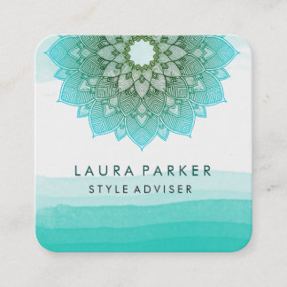 Blue Aquamarin Watercolor Lotus Floral Mandala Yog Quadratische Visitenkarte