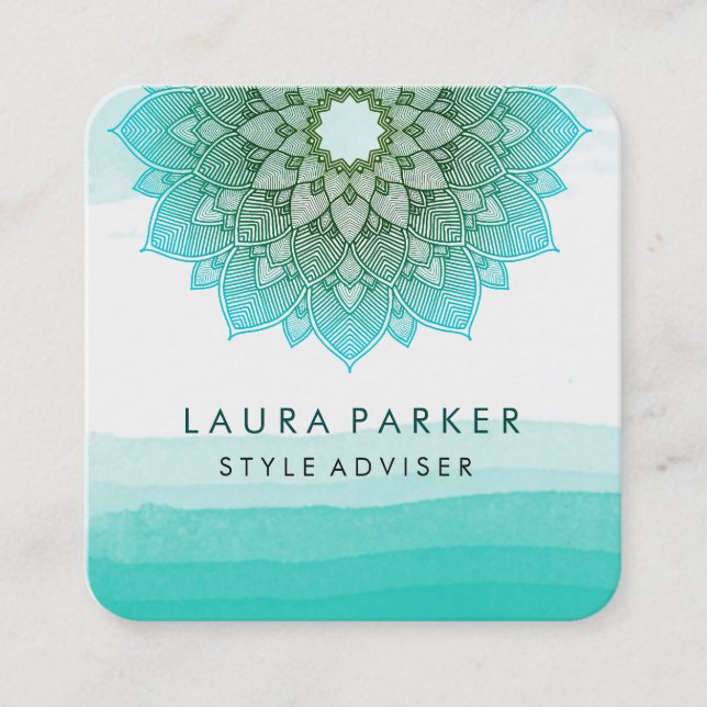 Blue Aquamarin Watercolor Lotus Floral Mandala Yog Quadratische Visitenkarte (Vorderseite)