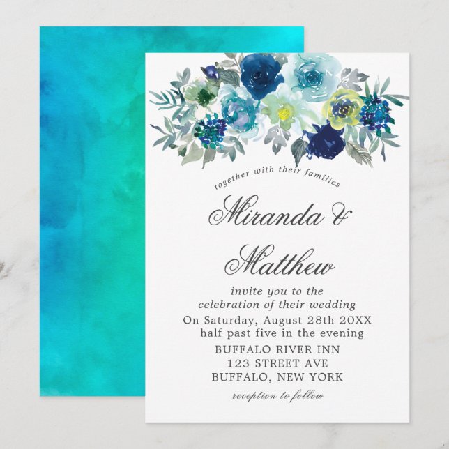 Blue Aquamarin Watercolor Peony Wedding Einladunge (Vorne/Hinten)