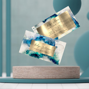 Blue Aquamarin Watercolor und Gold Foil Business C Visitenkarte
