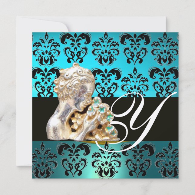 BLUE AQUAMARINE BLACK, WHITE DAMASK JEWEL MONOGRAM EINLADUNG (Vorderseite)