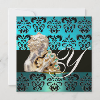 BLUE AQUAMARINE BLACK, WHITE DAMASK JEWEL MONOGRAM EINLADUNG