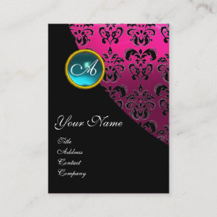BLUE AQUAMARINE DAMASK MONOGRAM, fuchsienrosa Visitenkarte