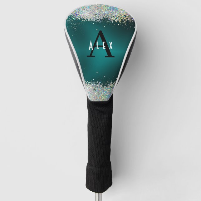 Blue Aquamariner Glitzer Monogram Add your name +  Golf Headcover (Vorderseite)
