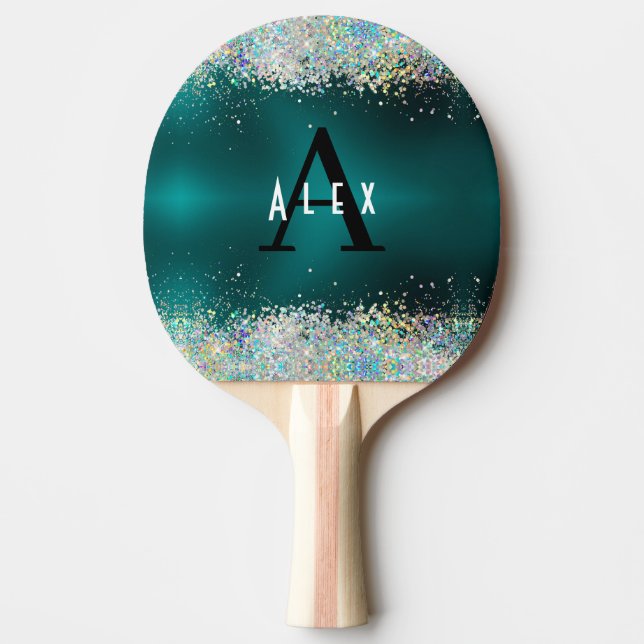 Blue Aquamariner Glitzer Monogram Add your name +  Tischtennis Schläger (Vorderseite)