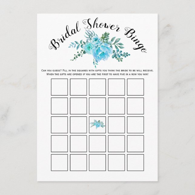 Blue Aquarell Blume Bridal Bingo Spielkarte Begleitkarte (Vorderseite)