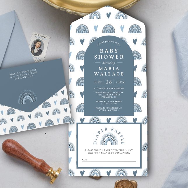 Blue Arch Boho Rainbow Baby Dusche All In One Einladung (Von Creator hochgeladen)