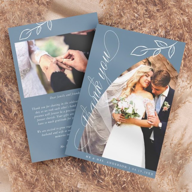 Blue Arch Botanical Leaf Wedding Dankeschön Card Dankeskarte (Von Creator hochgeladen)