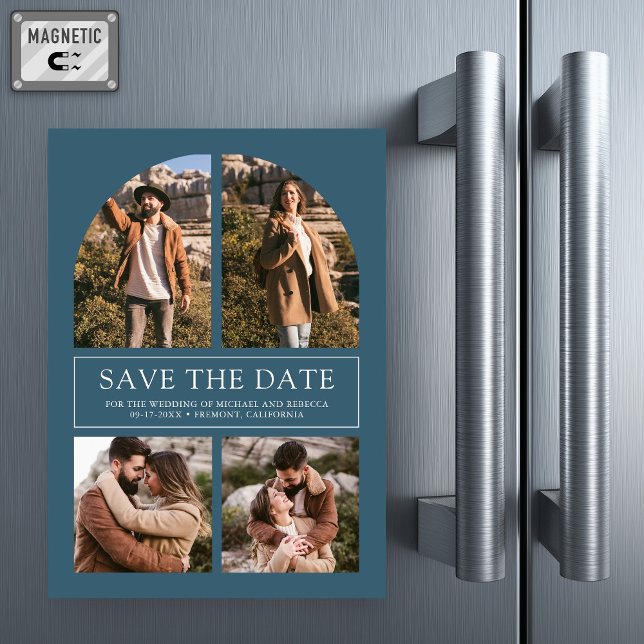 Blue Arch Photo Collage Wedding Save the Date Magneteinladung (Von Creator hochgeladen)