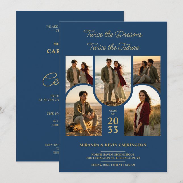 Blue Arched Collage Double Grads Twins TMF26 Einladung (Vorne/Hinten)