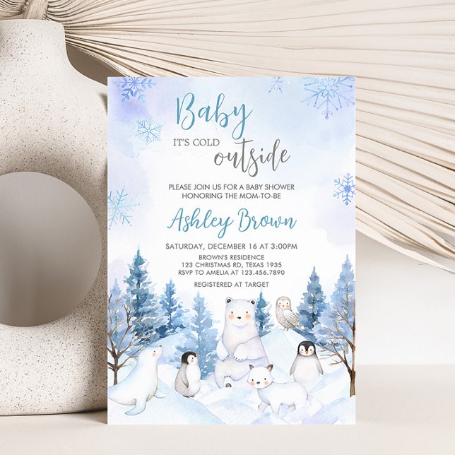 Blue Arctic Animals Baby Dusche Einladung (Blue Christmas Baby Shower Invitation)