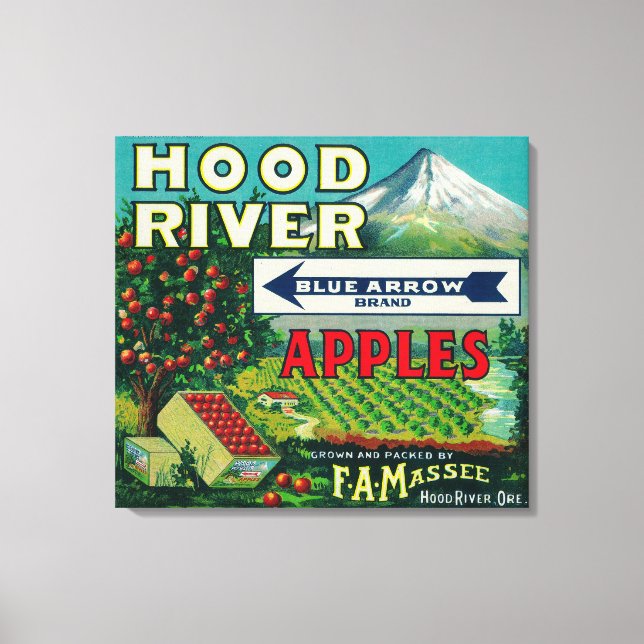 Blue Arrow Apple Crate LabelHood River, OR Leinwanddruck (Vorderseite)
