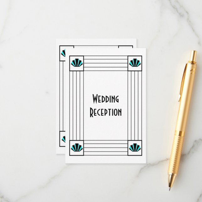 Blue Art Deco Design Hochzeitsempfang Begleitkarte (Vorderseite/Rückseite Beispiel)