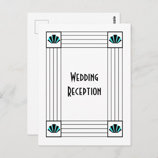 Blue Art Deco Design Hochzeitsempfang Postkarte (Vorne/Hinten)