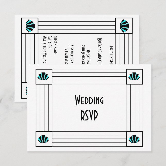 Blue Art Deco Design Wedding RSVP Karte (Vorne/Hinten)