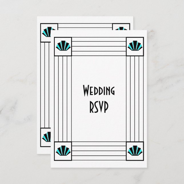Blue Art Deco Design Wedding RSVP Karte (Vorne/Hinten)