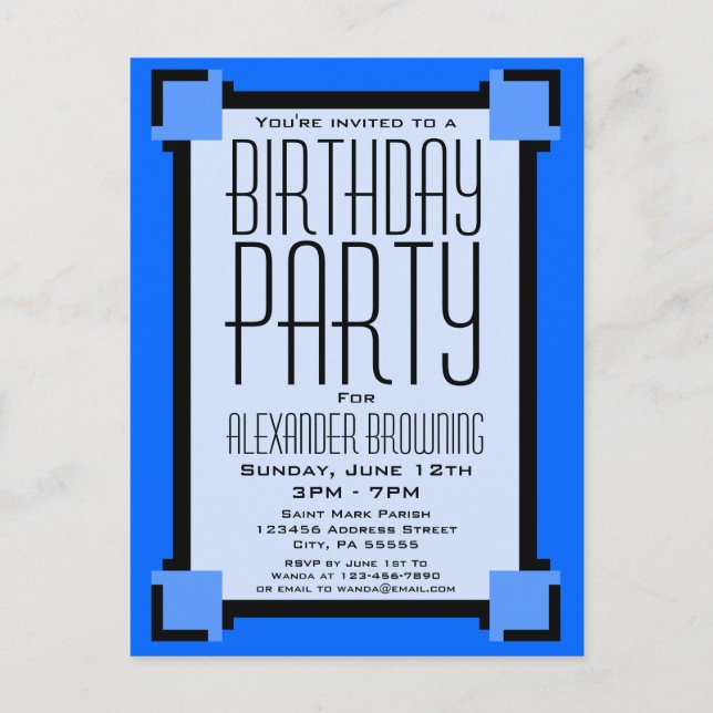 Blue Art Deco Geometric Geburtstag Einladung Postk (Vorderseite)