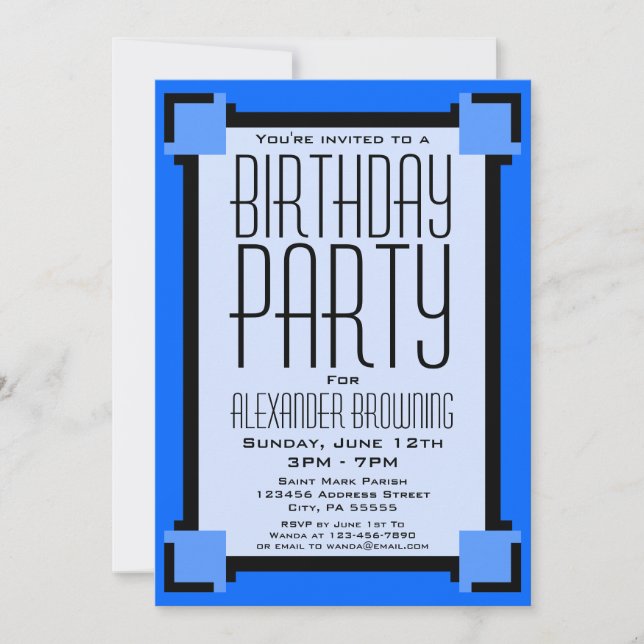 Blue Art Deco Geometric Geburtstagsparty Einladung (Vorderseite)