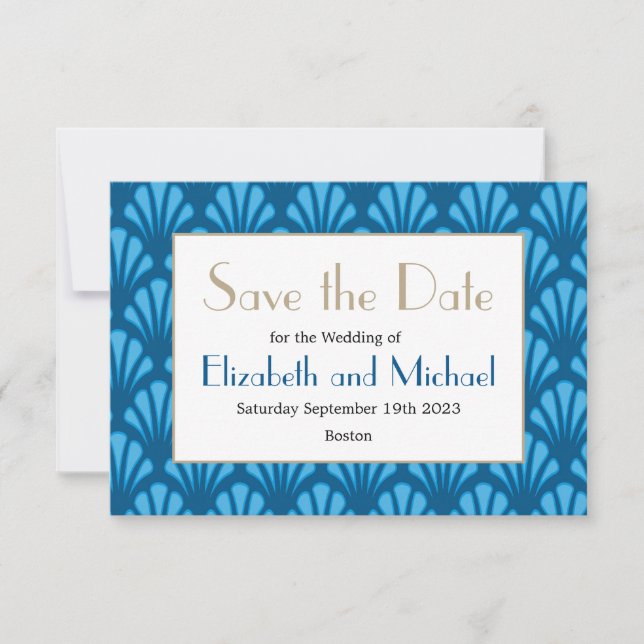 Blue Art Deco Moderne Elegante Save the Date (Vorderseite)