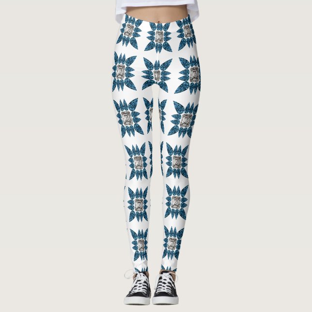 Blue Art Deco Muster Leggings (Vorderseite)