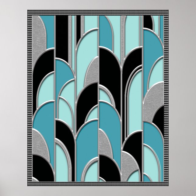 Blue Art Deco Style Abstrakt Poster (Vorne)
