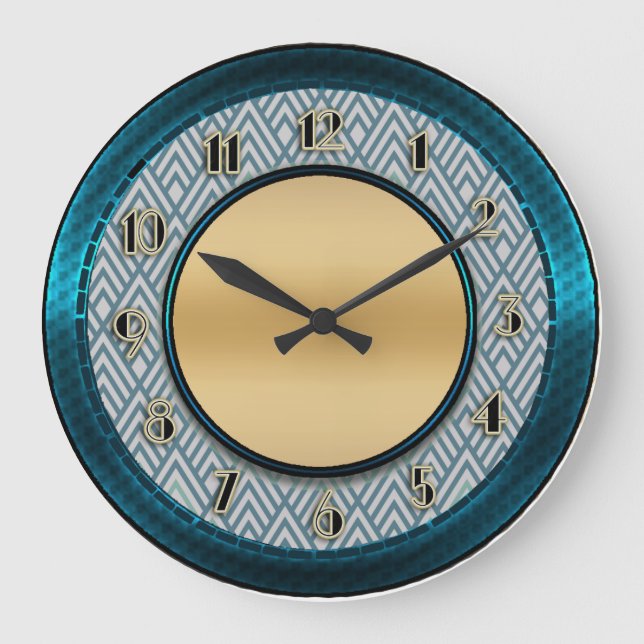 Blue Art Deco Style Große Wanduhr (Vorderseite)