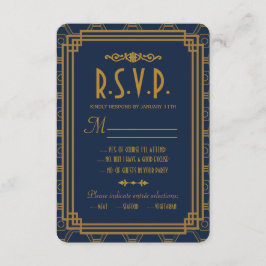 Blue Art Deco Wedding RSVP Cards Karte