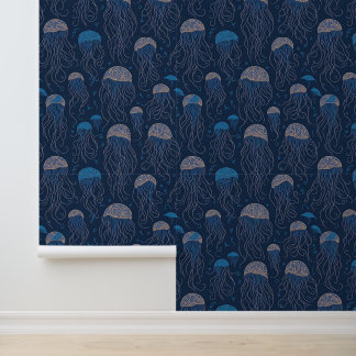 Blue Art Nouveau Jellyfish Sea Life Pattern Tapete