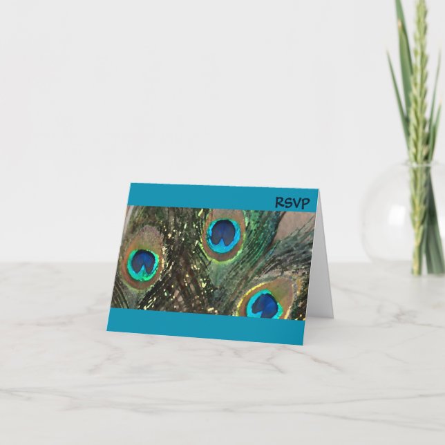 Blue Artistic Peacock Wedding RSVP Einladung (Vorderseite)