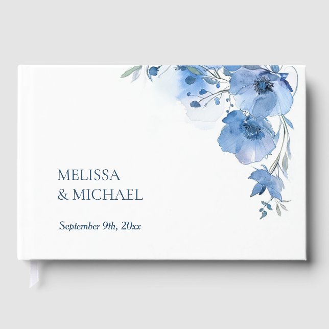Blue Artistic Watercolor Floral Wedding Gästebuch (Vorderseite)