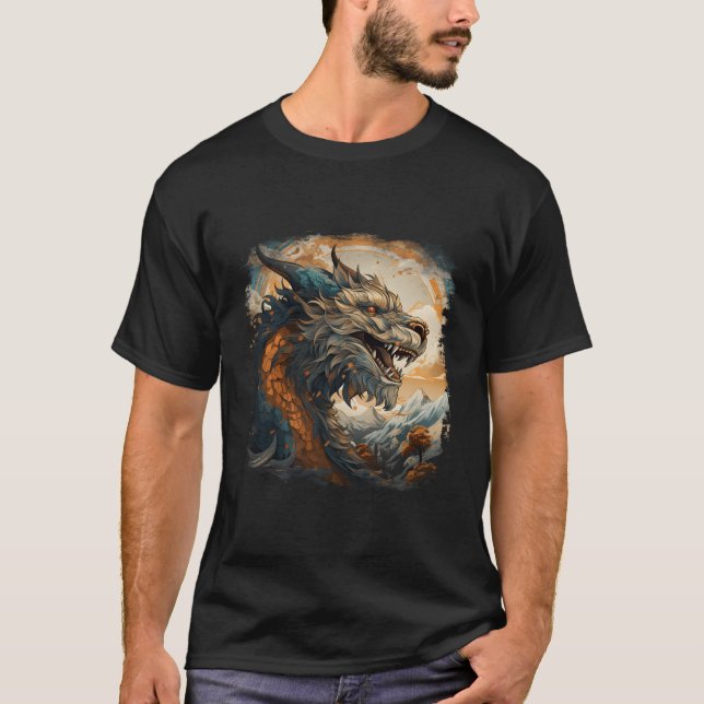 Blue Asian Dragon Moon Mountain Wolken Japanisch u T-Shirt (Vorderseite)