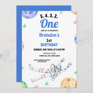 Blue Astronaut Baby 1. Geburtstag Einladung