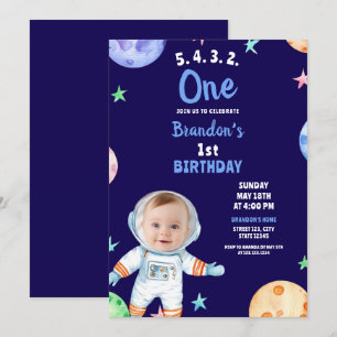 Blue Astronaut Baby Foto 1. Geburtstag Einladung