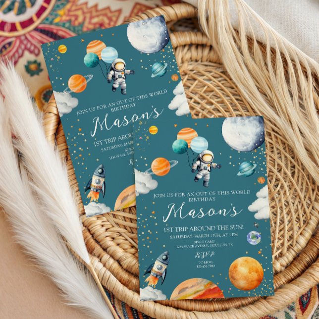 Blue Astronaut Balloon Planets 1st Trip Around Einladung (Von Creator hochgeladen)