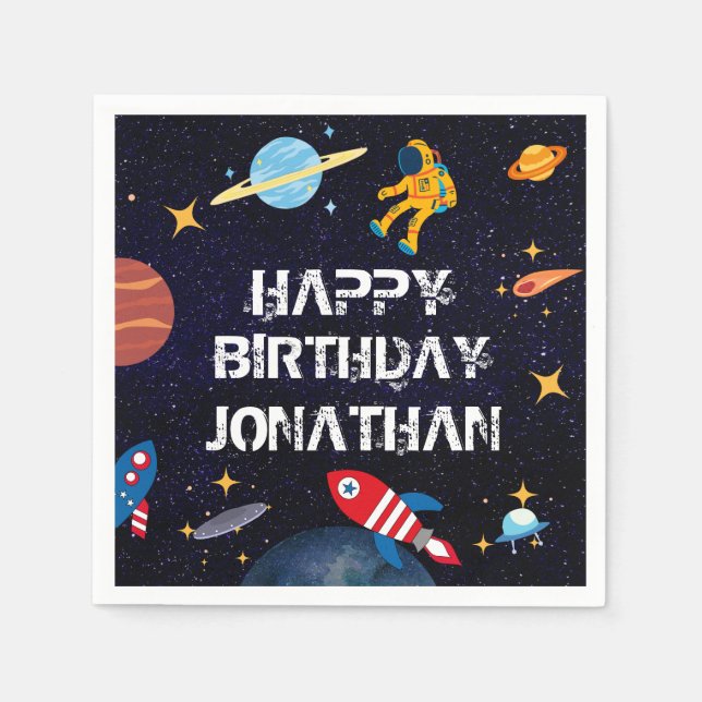 Blue Astronaut Birthday Planets Name Serviette (Vorderseite)