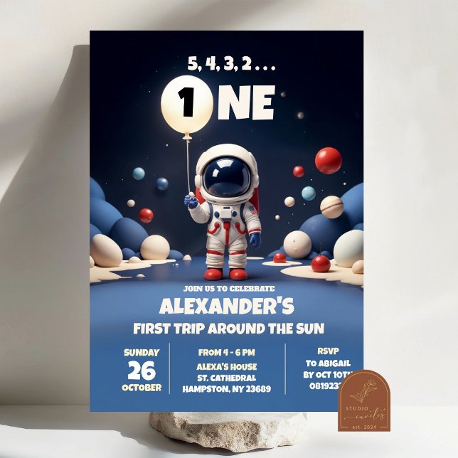 Blue Astronaut Outerspace First Birthday Boy Einladung (Von Creator hochgeladen)