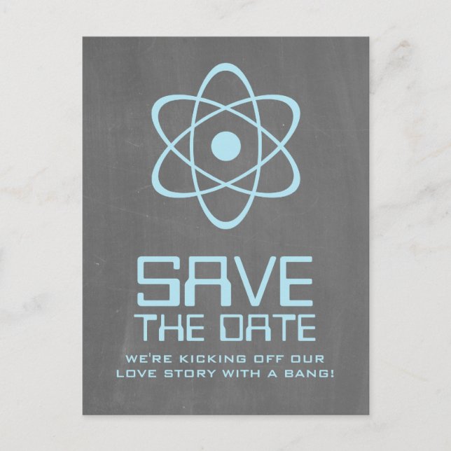 Blue Atomic Chalkboard Save the Date Postkarte (Vorderseite)