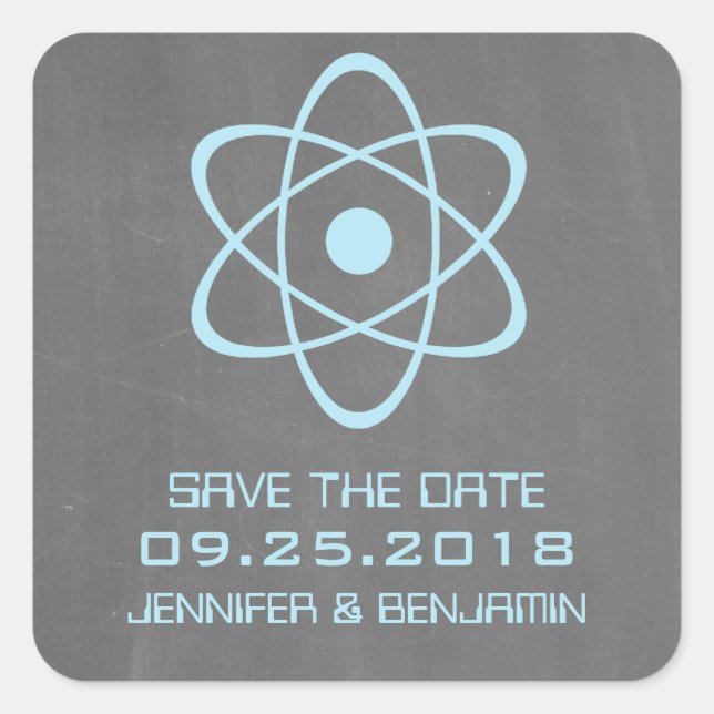Blue Atomic Chalkboard Save the Date Stickers (Vorderseite)