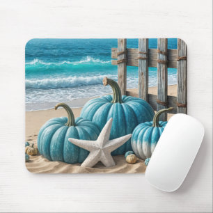 Blue Autumn Beach Pumpkins mit Stafish Mousepad