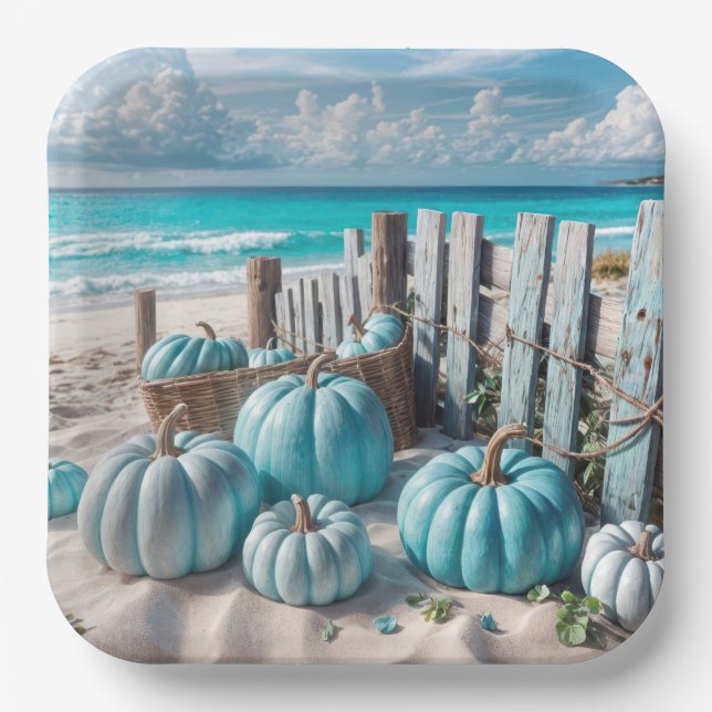 Blue Autumn Beach Pumpkins Pappteller (Vorderseite)