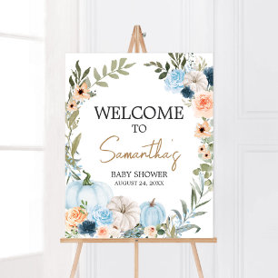 Blue Autumn Blume Pumpkin Baby Dusche Willkommen Poster